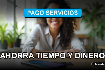 Una mujer latina sonríe con confianza mientras un teléfono inteligente y una tarjeta de crédito descansan sobre un escritorio moderno, con gráficos abstractos en la pantalla.