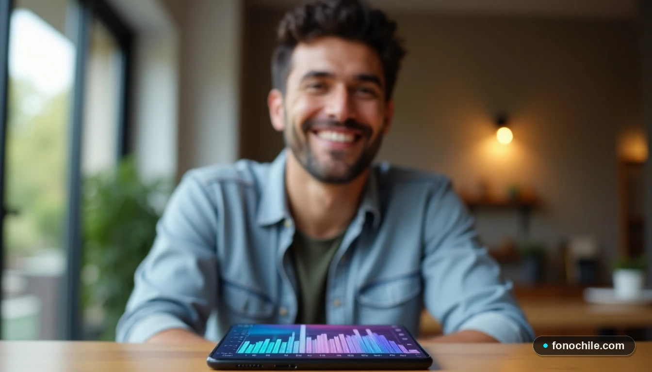 Hombre usando su smartphone para revisar gráficos de pagos de servicios bancarios de forma segura.