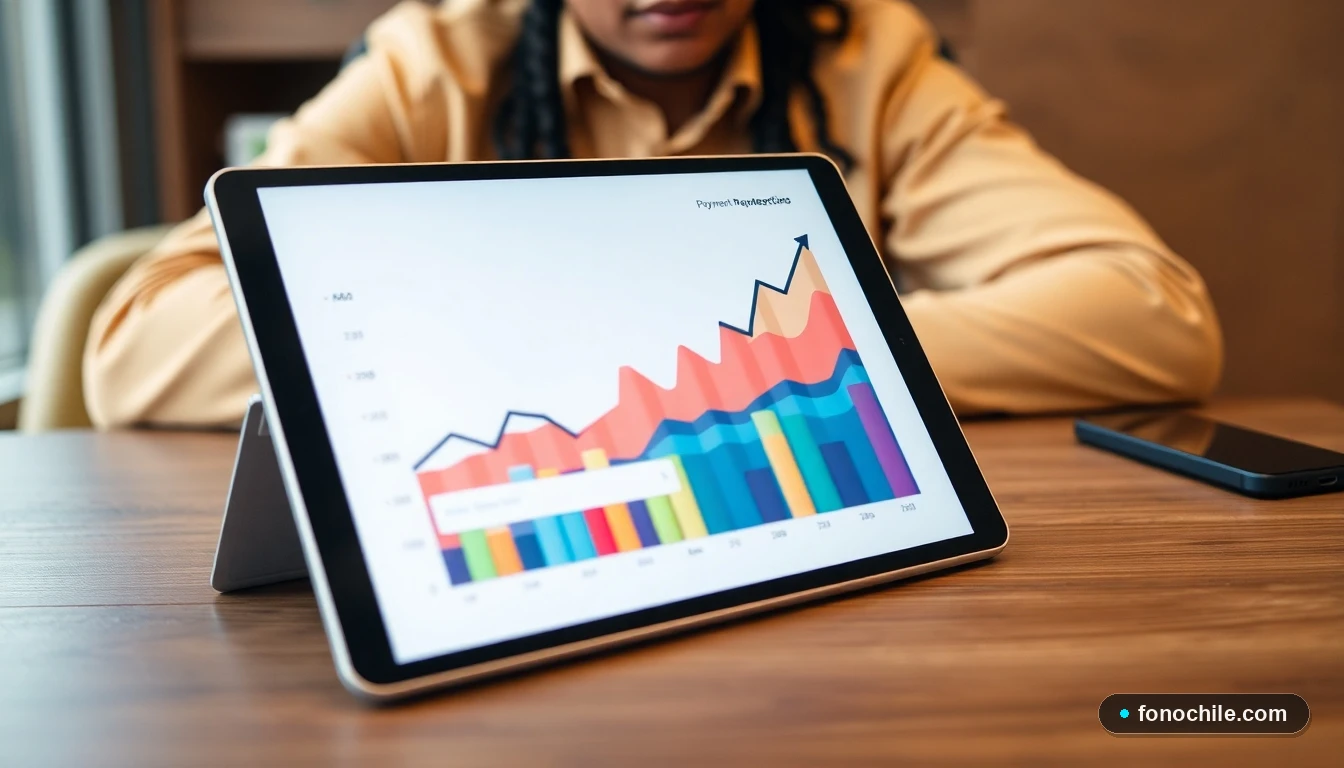 Gráfico abstracto de colores que muestra el crecimiento de los pagos digitales para servicios de telecomunicaciones en Chile.