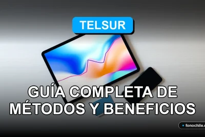 Guía de métodos de pago para Telsur 2026 en pantalla de tablet con gráficos abstractos.