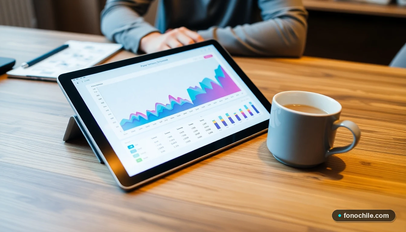 Gráfico abstracto de colores mostrando tendencias de pago digital y transacciones en una tableta moderna.