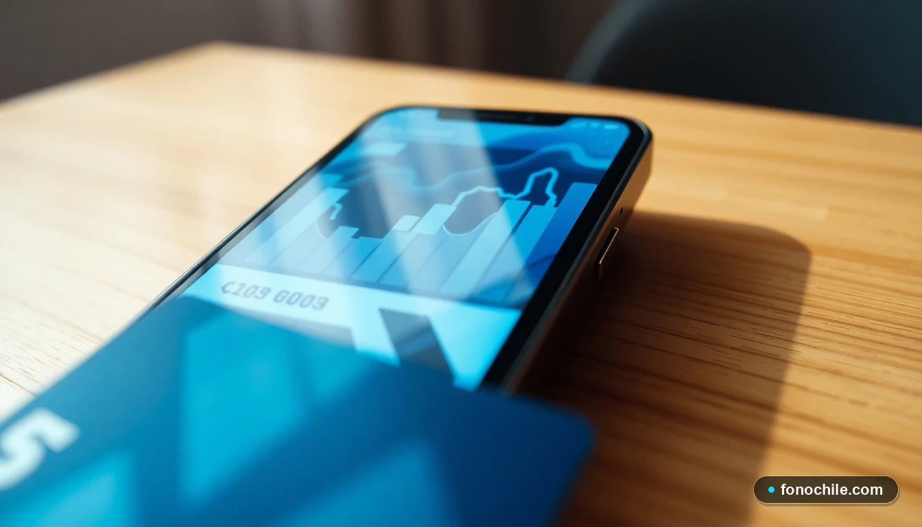Primer plano lateral de un smartphone moderno mostrando gráficos abstractos en su pantalla, junto a una tarjeta de crédito, sobre una mesa de madera.