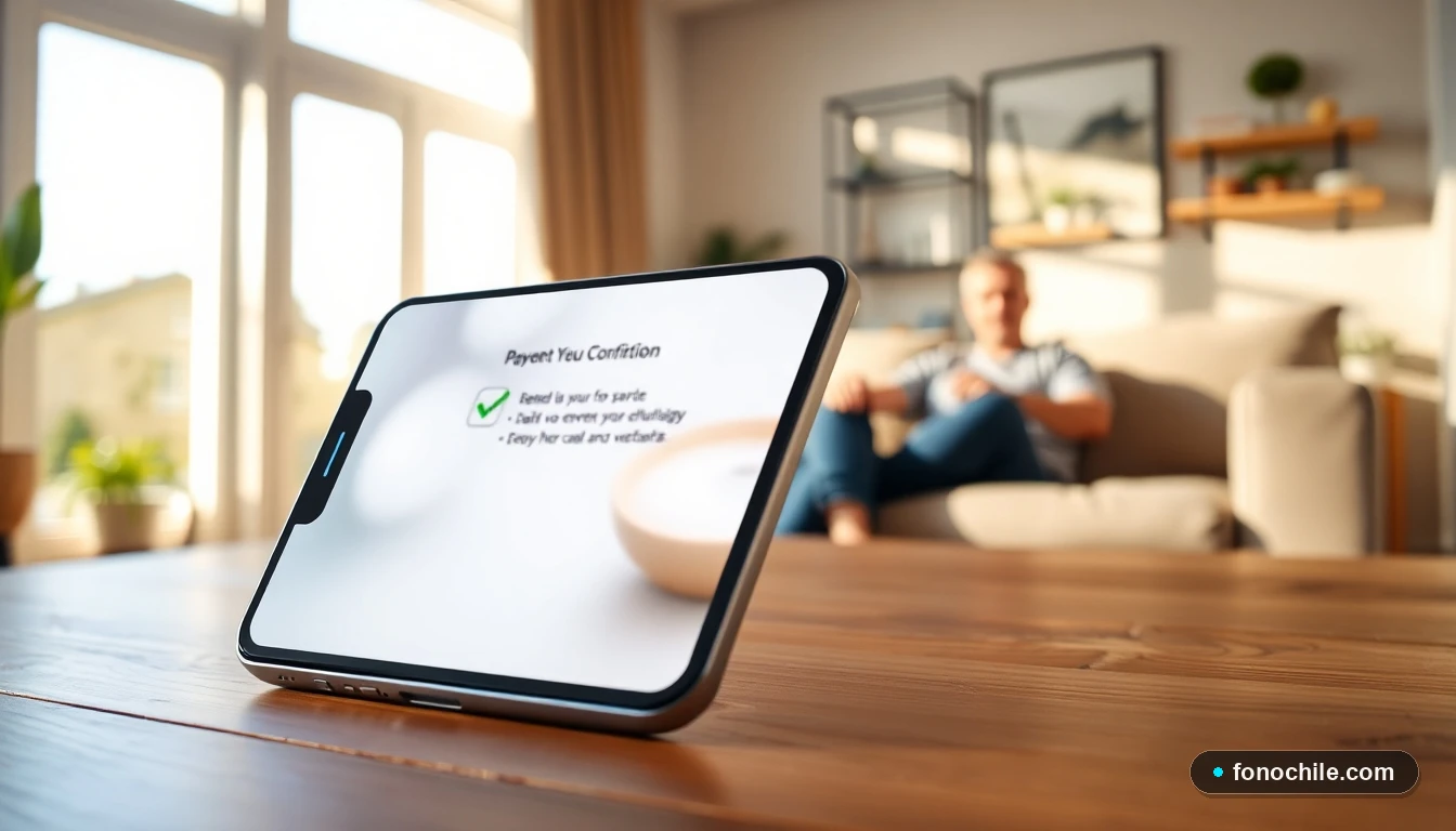 Smartphone mostrando una confirmación de pago exitosa para servicios de telefonía móvil en un entorno doméstico.