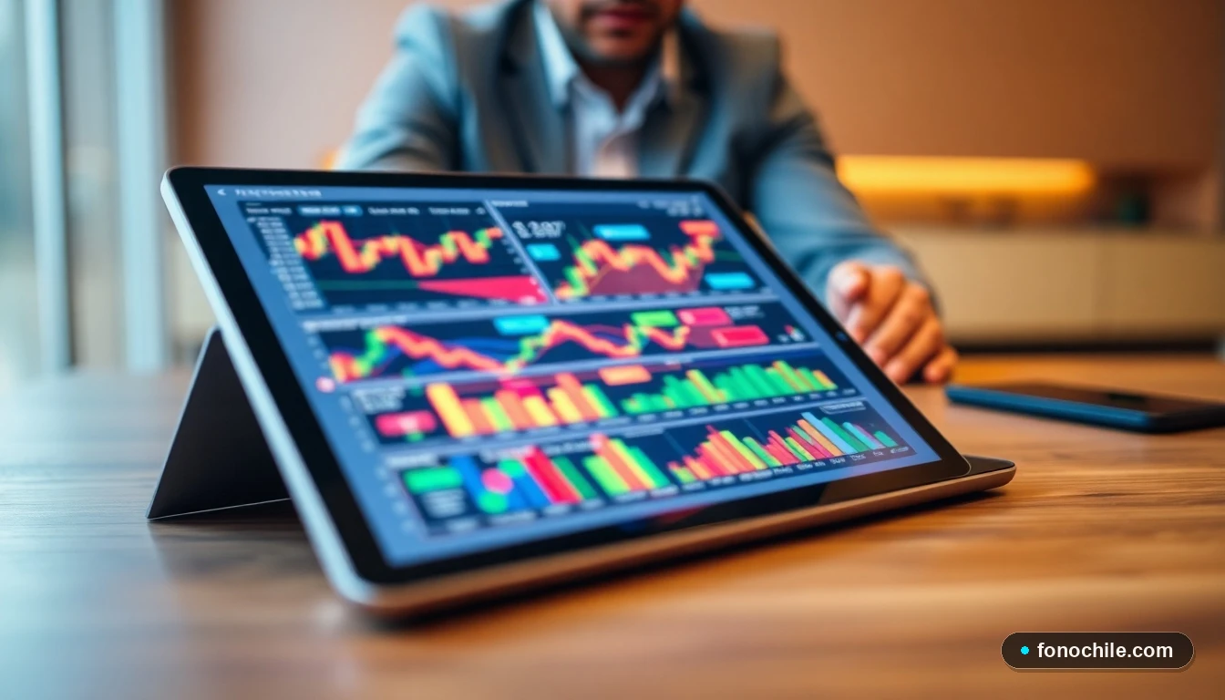 Gráficos abstractos de colores representando opciones de pago y finanzas digitales en una tableta sobre una mesa.