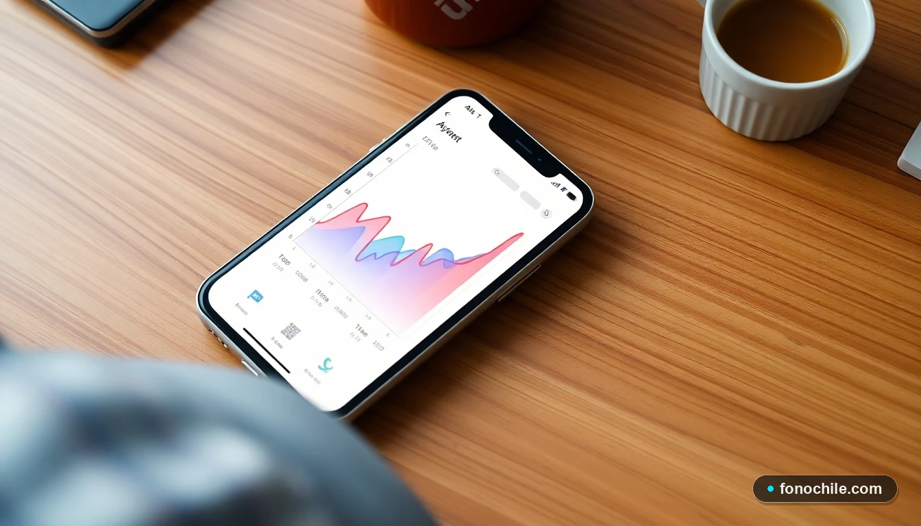 Smartphone mostrando gráficos abstractos de transacciones de pago de servicios, sobre una mesa de madera.
