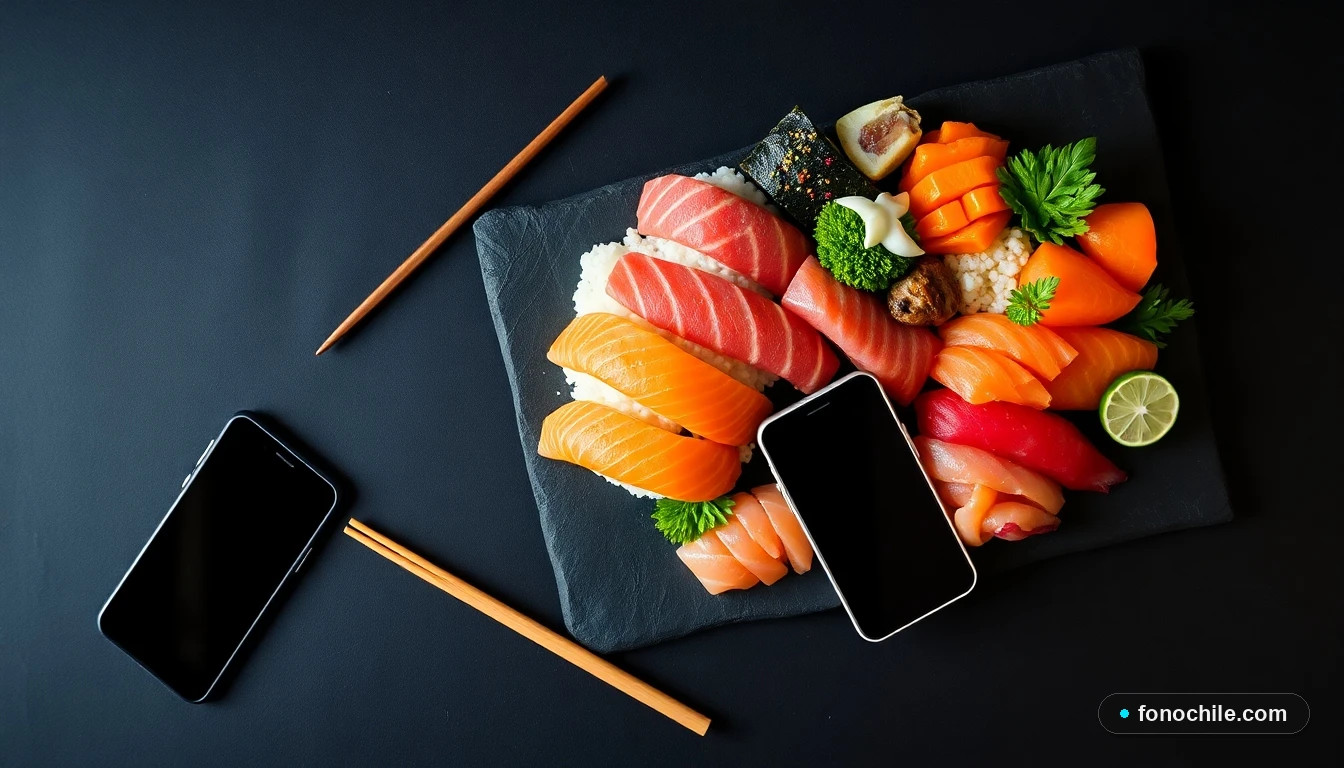 Primer plano aéreo de un plato combinado de sushi y sashimi fresco en el restaurante Pali Sushi Rancagua.