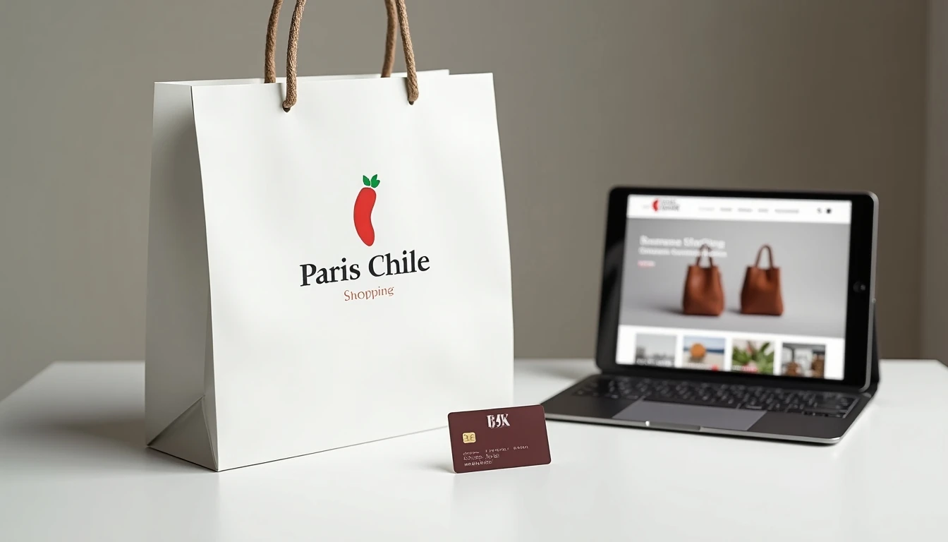 Elementos de compra de París Chile: bolsa de papel, tarjeta y tablet en un escritorio moderno.