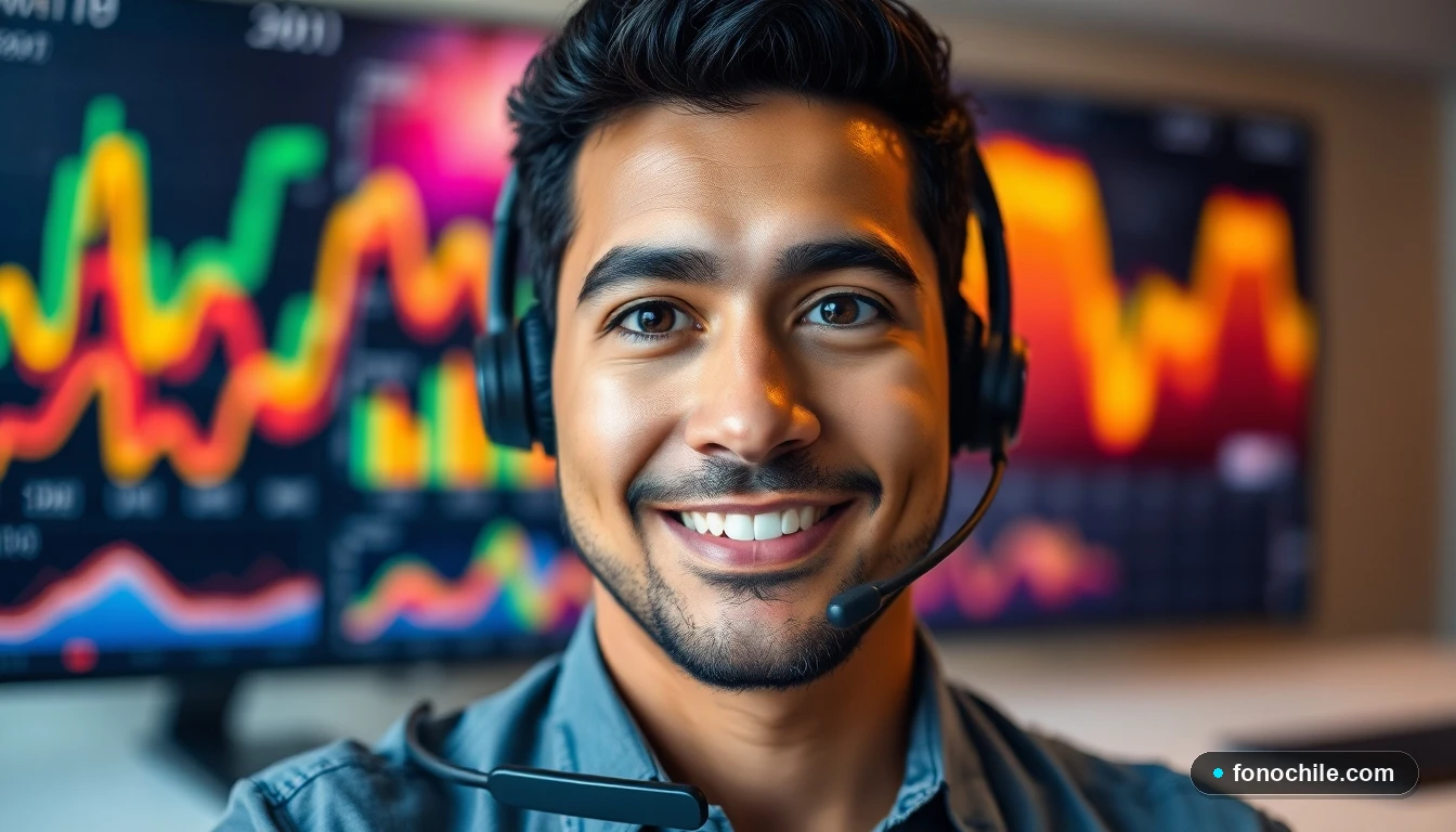 Agente de soporte de París Chile atendiendo consultas, con gráficos abstractos de fondo que simbolizan la gestión de servicios.