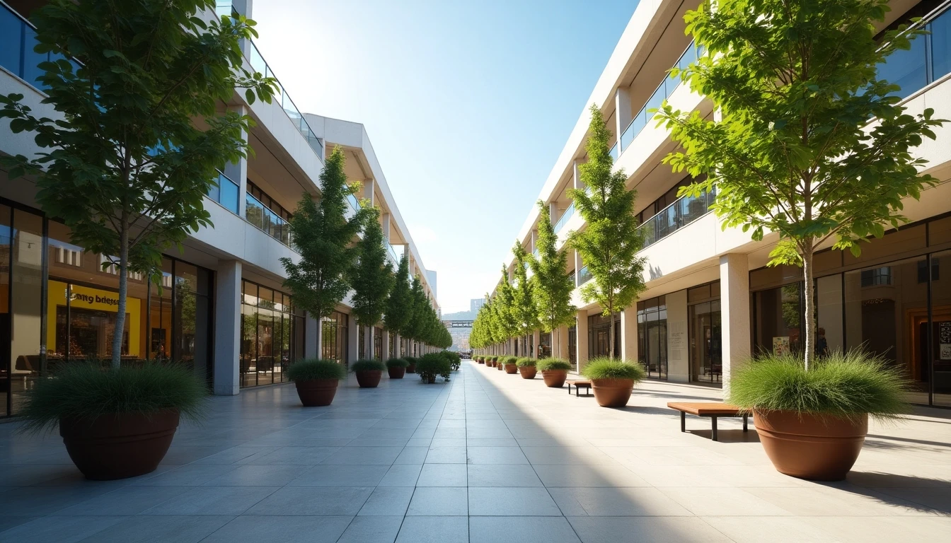 Vista arquitectónica moderna y áreas verdes del Parque Arauco, centro comercial en Santiago, Chile.
