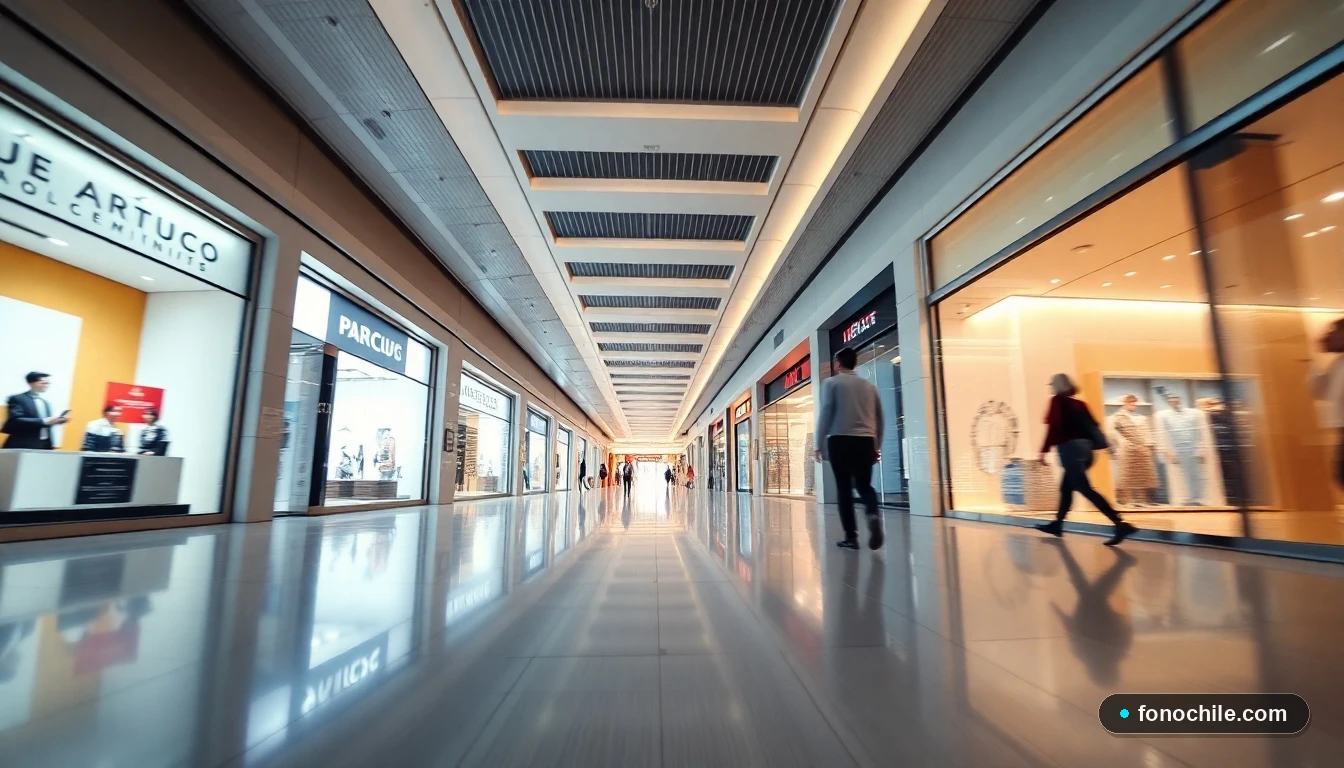 Pasillo interior moderno y luminoso del centro comercial Parque Arauco, con tiendas de diseño y arquitectura contemporánea.