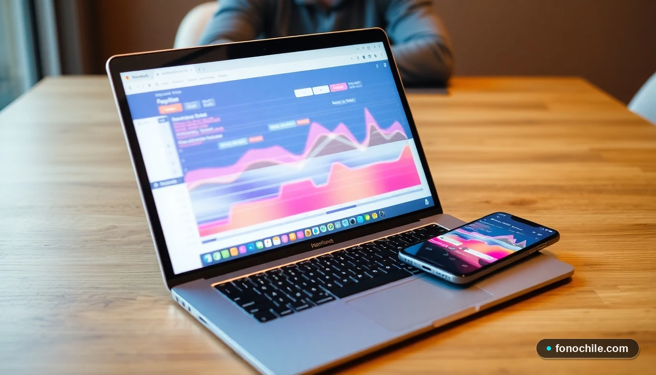 Dispositivos mostrando una interfaz abstracta de colores para la compra de pasajes de buses en línea.