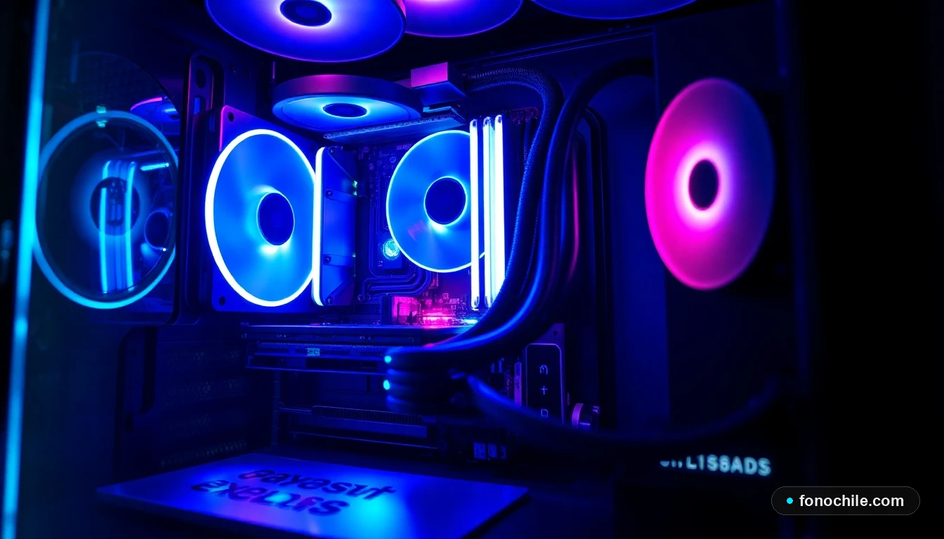 Detalle interno de una torre de PC gamer mostrando una placa madre, tarjeta gráfica y sistema de refrigeración líquida con iluminación RGB cian.
