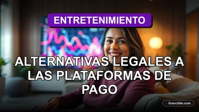 Una mujer latina sonríe mientras mira una pantalla con gráficos abstractos, representando el acceso legal a películas gratis en Chile.