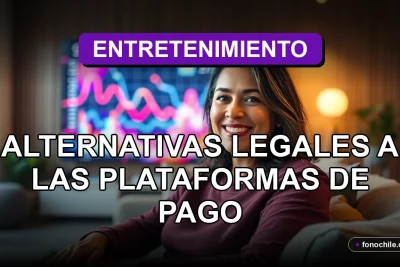 Una mujer latina sonríe mientras mira una pantalla con gráficos abstractos, representando el acceso legal a películas gratis en Chile.