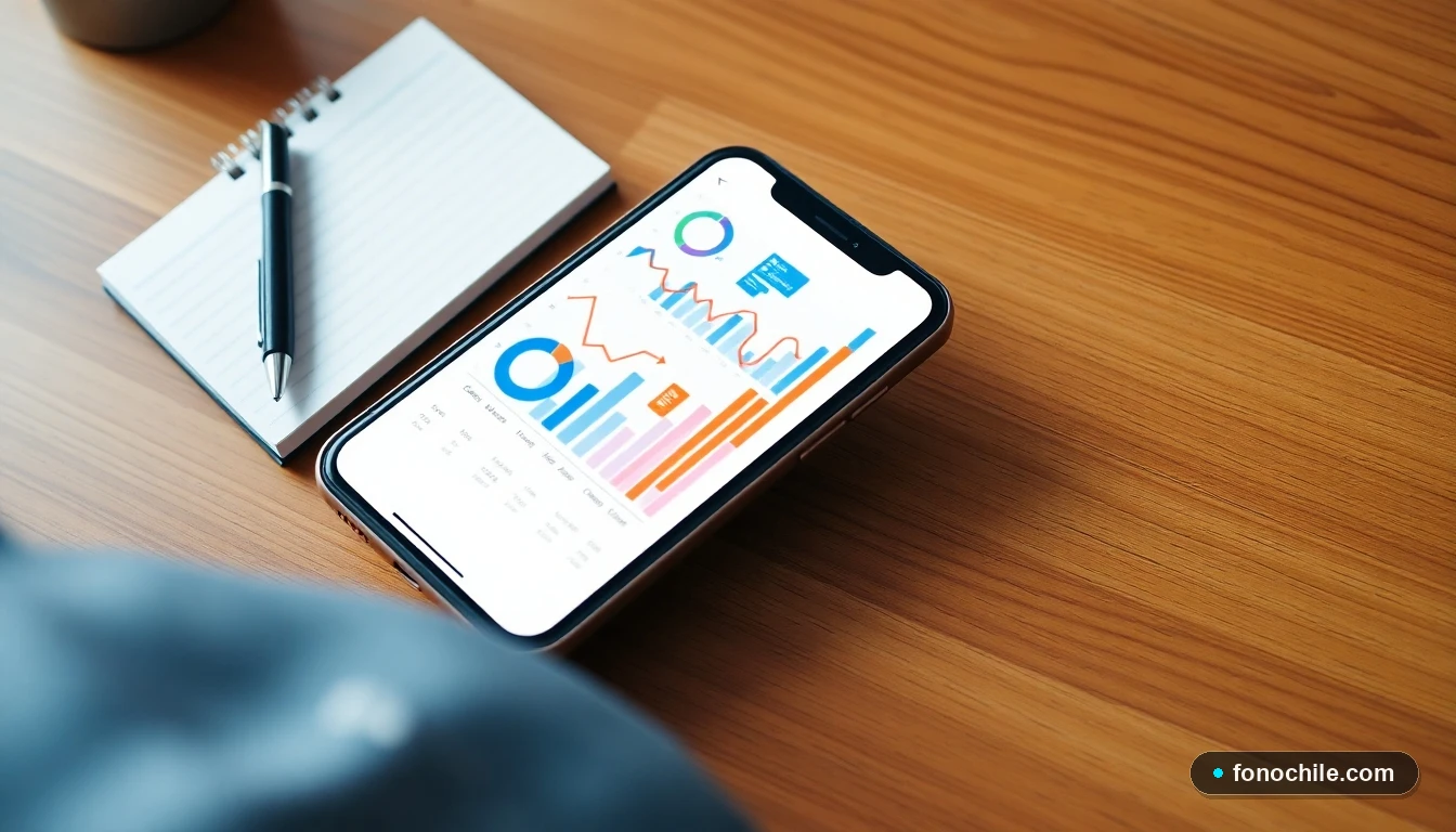 Smartphone mostrando gráficos abstractos de gestión financiera y pensión alimenticia en Chile.