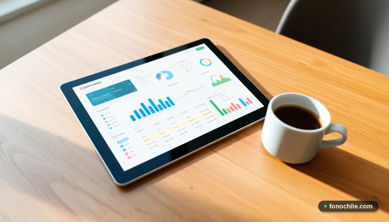 Tableta mostrando un panel de control abstracto con gráficos de colores para personalizar servicios de televisión