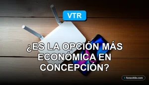 Un celular moderno y un router sobre una mesa de madera, mostrando gráficos abstractos de colores en sus pantallas, representando el plan Baja VTR 2026 en Concepción.