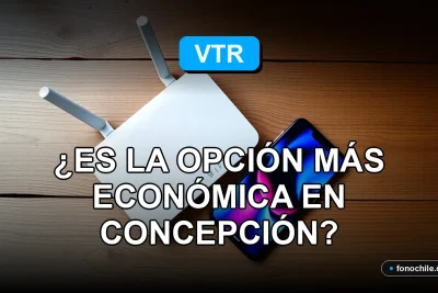 Un celular moderno y un router sobre una mesa de madera, mostrando gráficos abstractos de colores en sus pantallas, representando el plan Baja VTR 2026 en Concepción.