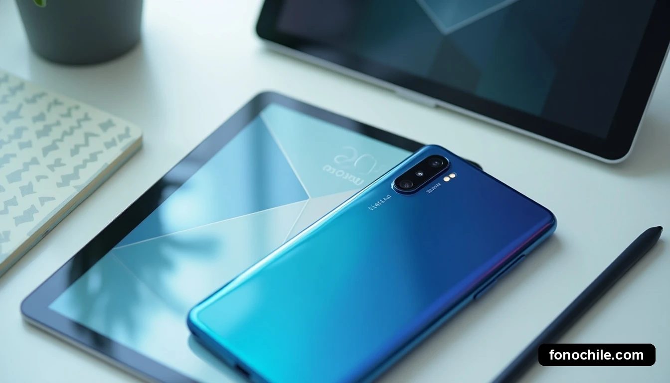 Vista aérea de un escritorio moderno con un teléfono y una tablet, ambos mostrando interfaces genéricas y gráficos de colores, junto a accesorios de oficina.