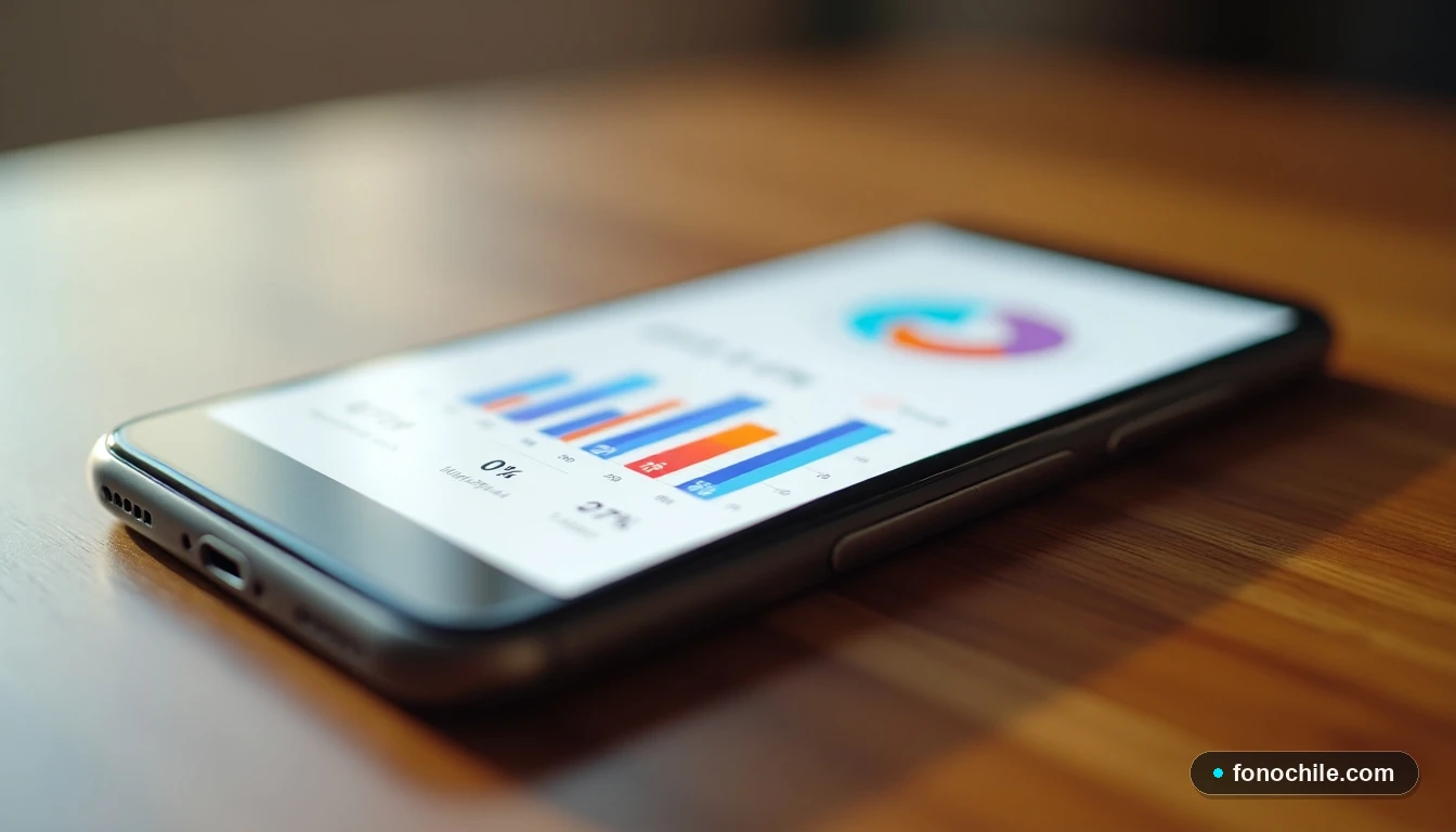 Smartphone mostrando gráficos abstractos de ahorro y conexión grupal sobre una mesa de madera.