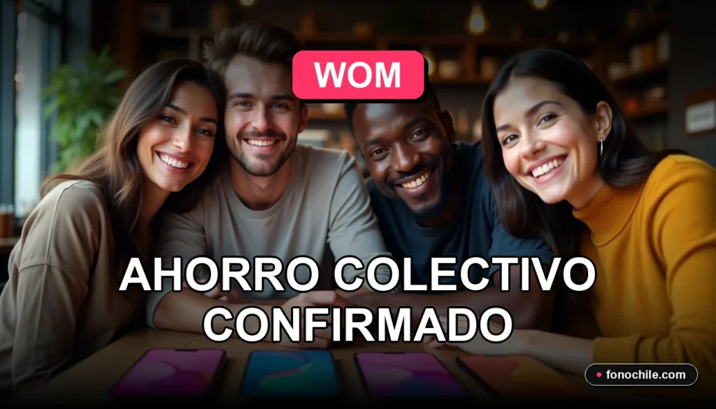 Grupo de amigos celebrando con sus teléfonos móviles sobre una mesa, representando el ahorro del Plan Grupal WOM 2026.