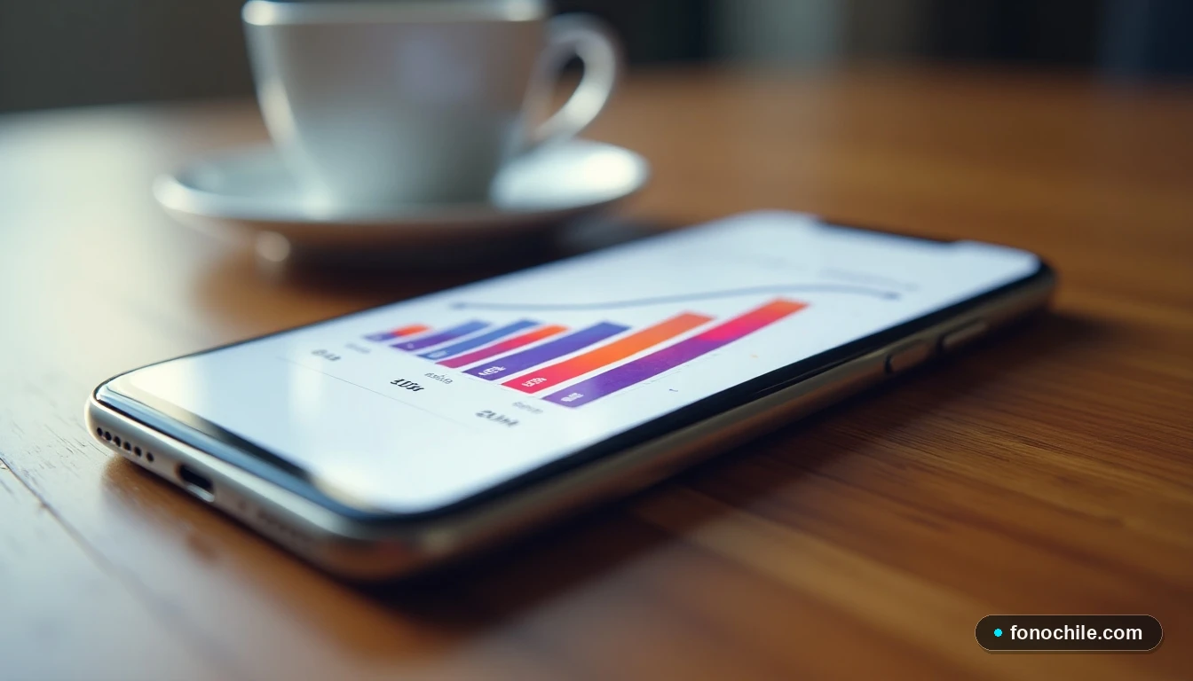 Smartphone mostrando gráficos abstractos de ahorro y conectividad en un plan grupal de telefonía móvil.