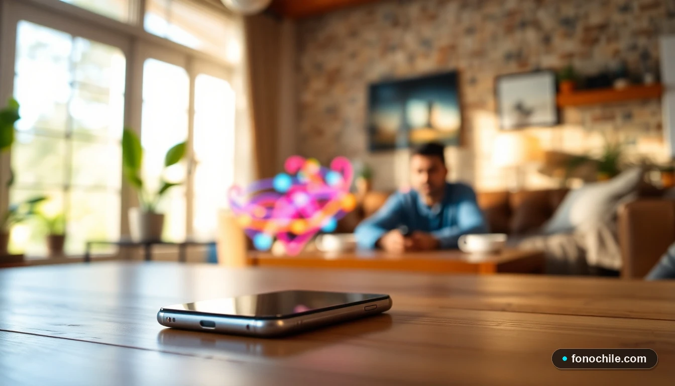 Smartphone moderno mostrando gráficos abstractos de conexión de datos, en contexto de uso doméstico en Chile.