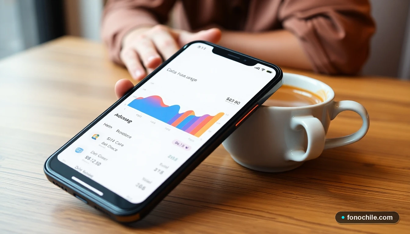 Smartphone mostrando gráficos de consumo de datos móviles en un plan de telefonía.