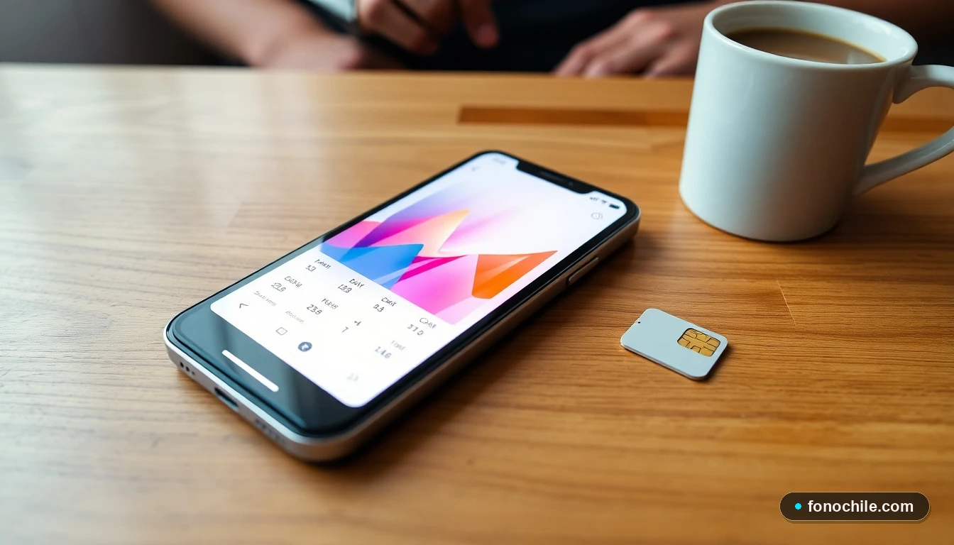 Smartphone mostrando gráfico de consumo de datos junto a una tarjeta SIM, representando el control de un plan prepago.
