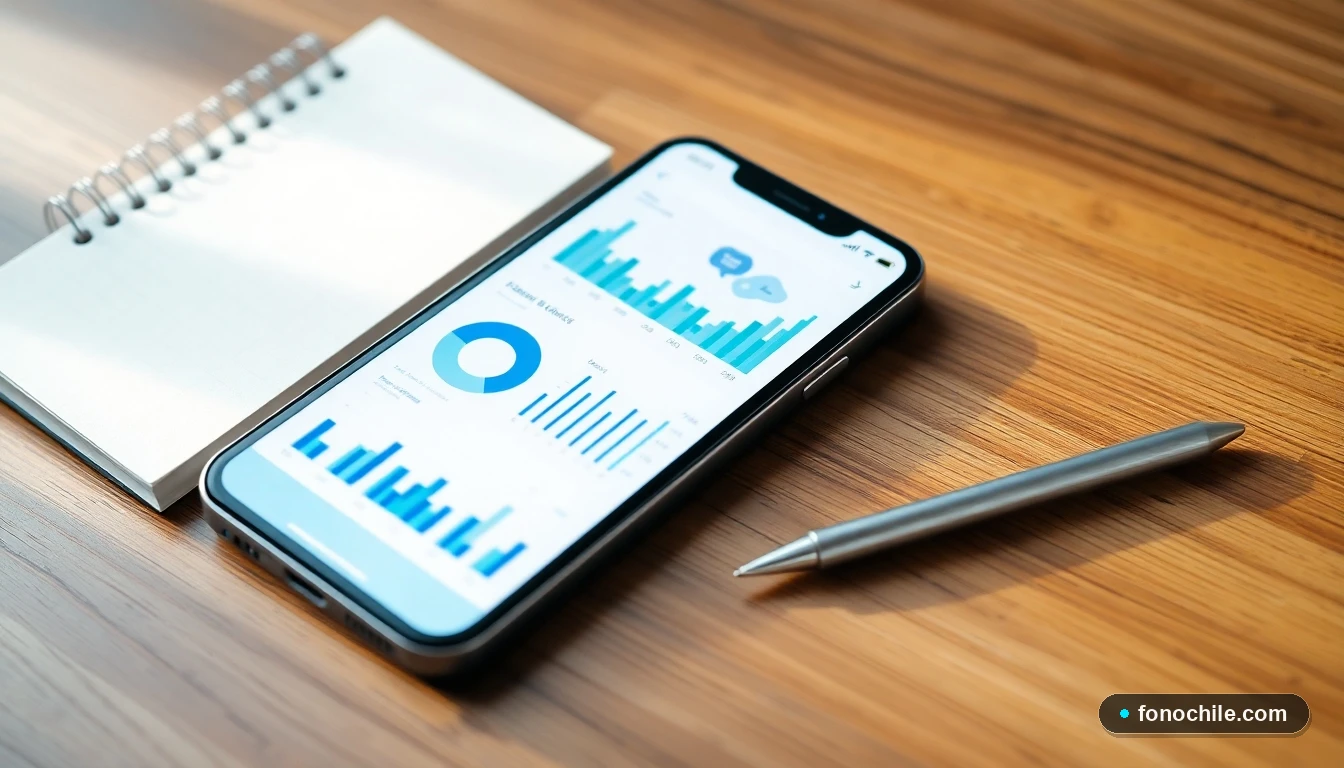 Smartphone mostrando gráficos abstractos de datos de salud familiar en colores azul y verde sobre una mesa de madera.