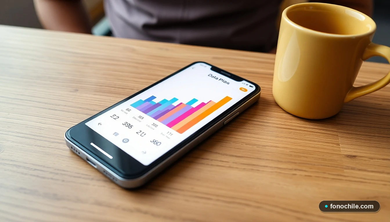 Smartphone mostrando una comparación gráfica abstracta de planes de datos móviles en Chile.