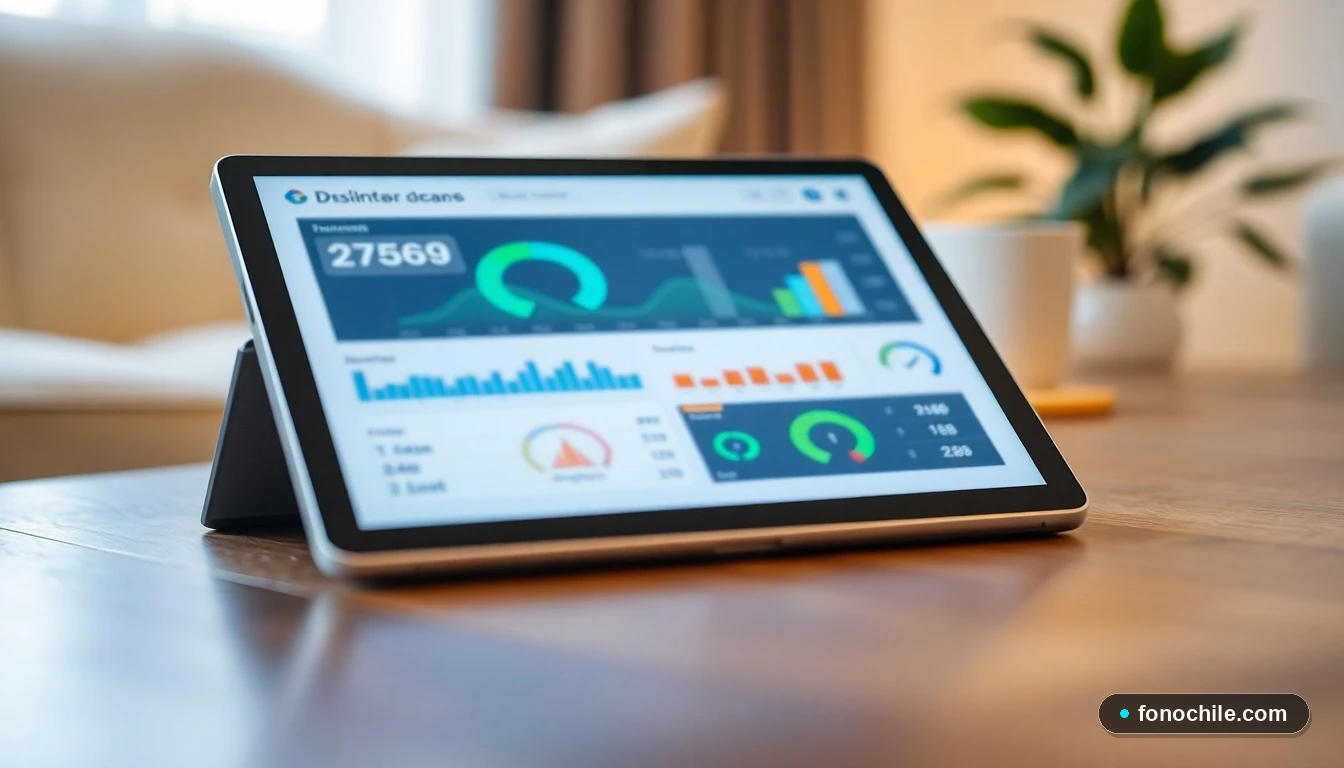 Panel de control abstracto con gráficos de colores mostrando el rendimiento de servicios digitales en un tablet.