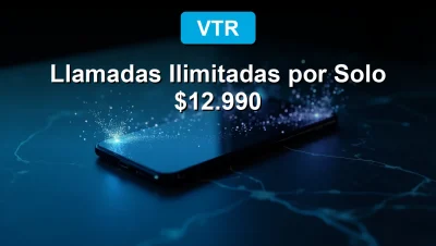 A minimalist flat-lay of a modern smartphone on a dark marble surface, glowing with connection lines against a twilight sky, representing the VTR Ilimitado 2026 plan with unlimited calls.
