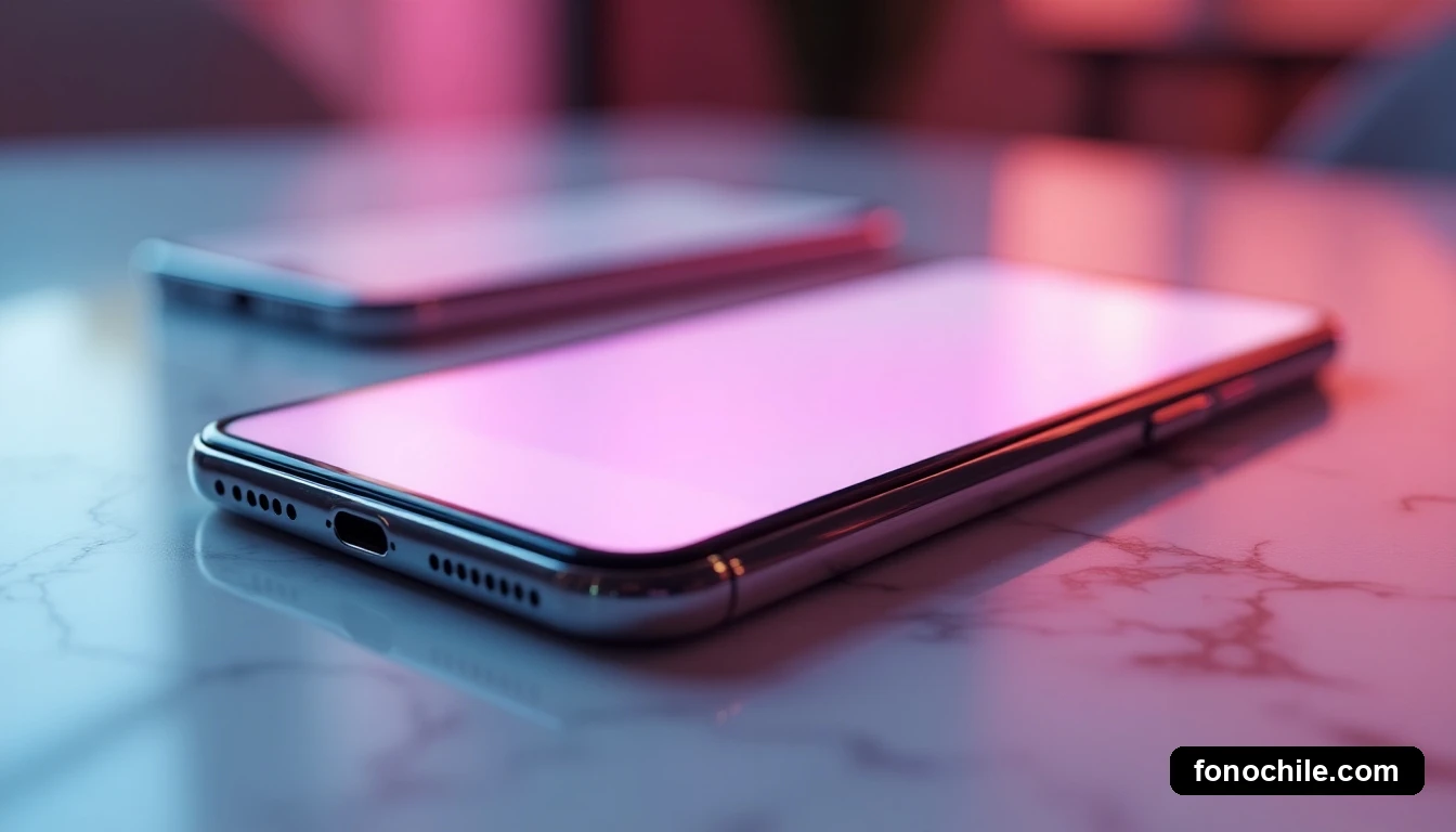 Dos teléfonos inteligentes modernos en una mesa de mármol, mostrando interfaces genéricas difusas, con reflejos rosados.