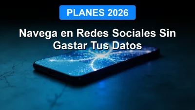 La aplicación Planes 2026 permite navegar por redes sociales sin consumir datos móviles, mostrada en un teléfono inteligente con un diseño futurista.