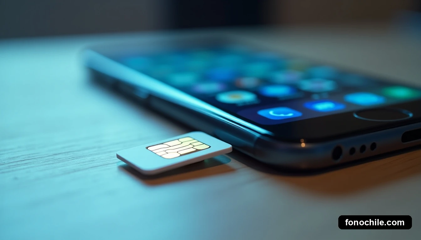 Primer plano extremo de una tarjeta SIM nano sobre una mesa de madera, con un teléfono inteligente desenfocado al fondo mostrando una interfaz genérica.
