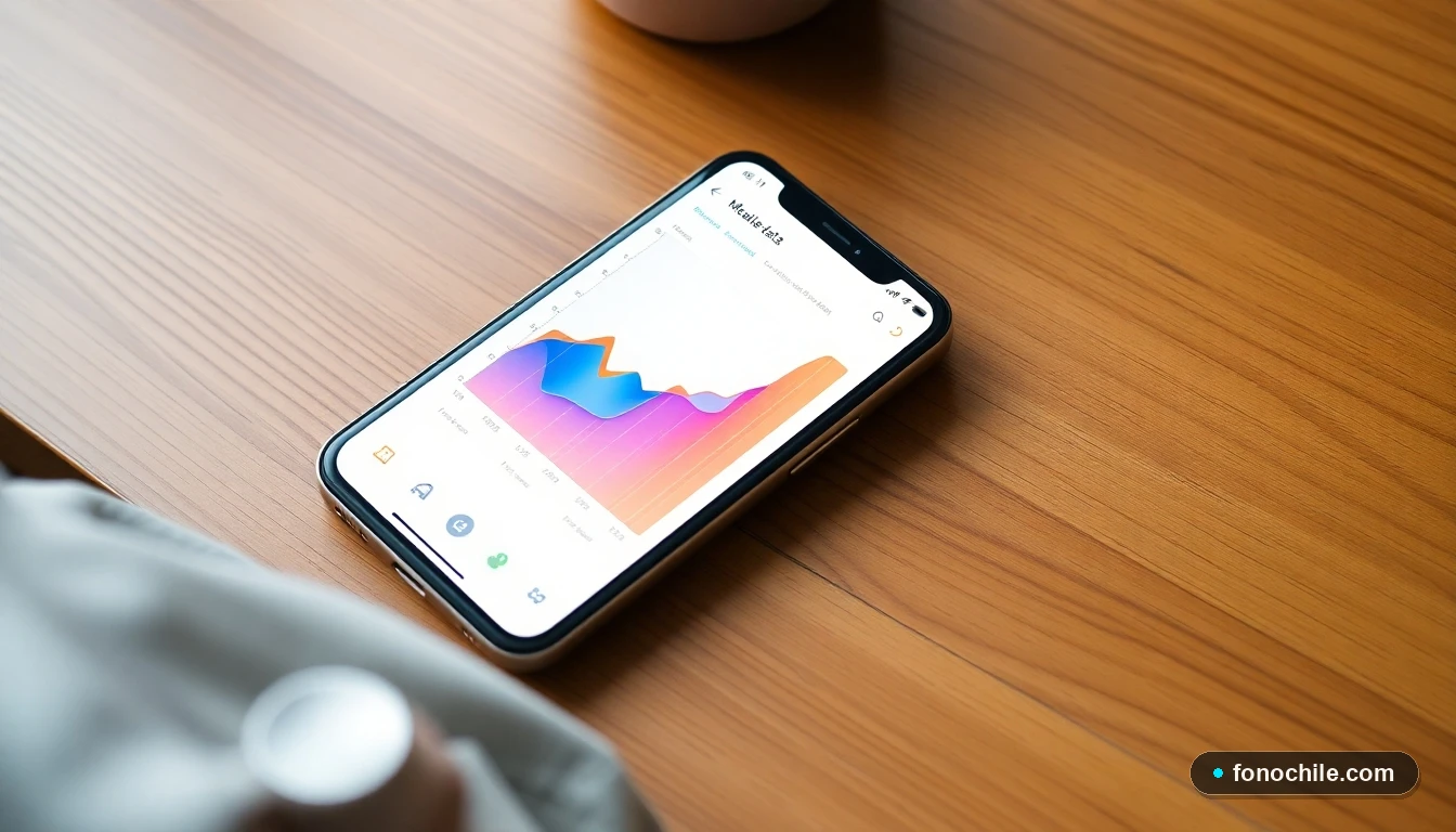Smartphone mostrando gráfico abstracto de datos móviles sobre mesa, representando la duplicación de beneficios en planes de celular.