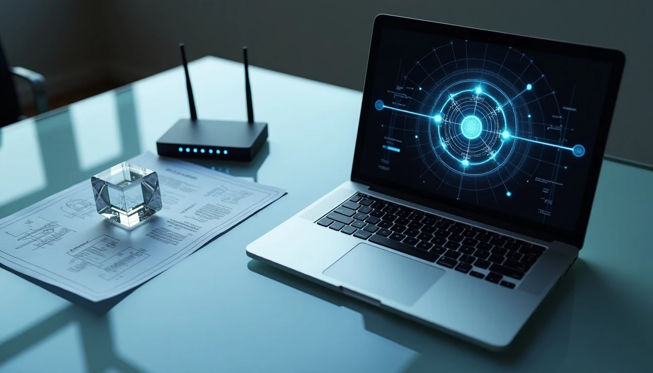 Concepto de conectividad empresarial moderna: laptop, planos de fibra óptica y router en un escritorio minimalista.