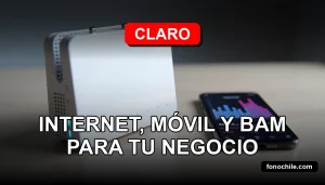 Moderno router empresarial Claro y smartphone mostrando gráficos abstractos, sobre mesa de oficina minimalista.