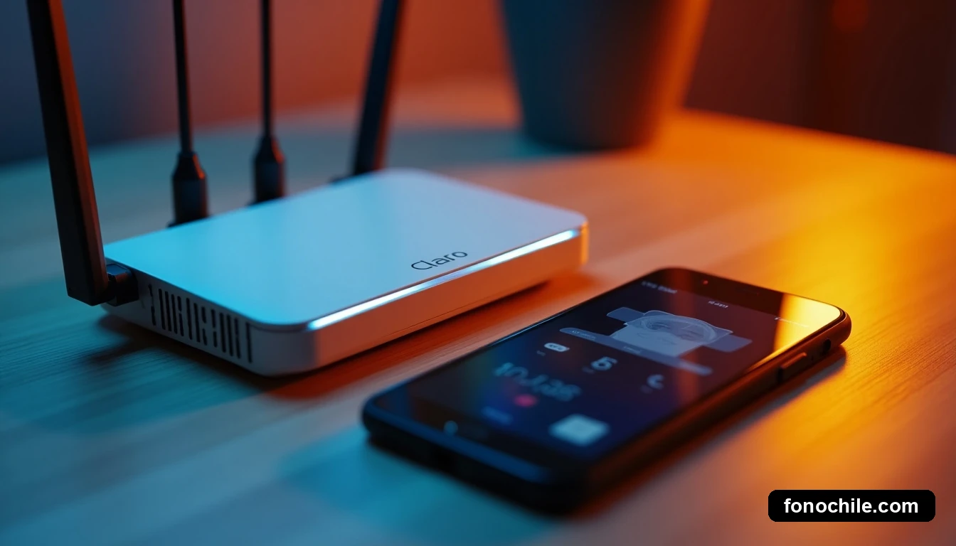 Vista angular baja de equipo de conectividad Claro Empresa sobre mesa de trabajo, con iluminación LED suave.