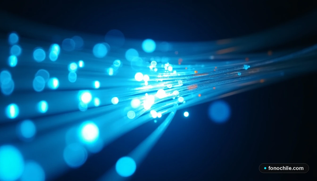 Primer plano detallado de cables de fibra óptica de Claro con pulsos de luz, representando velocidad y estabilidad de internet.