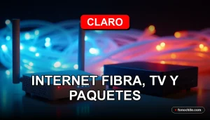 Moderno router Claro y decodificador con luces LED azules y rojas sobre una mesa de madera clara, con fondo de fibra óptica brillante.