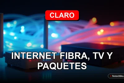 Moderno router Claro y decodificador con luces LED azules y rojas sobre una mesa de madera clara, con fondo de fibra óptica brillante.