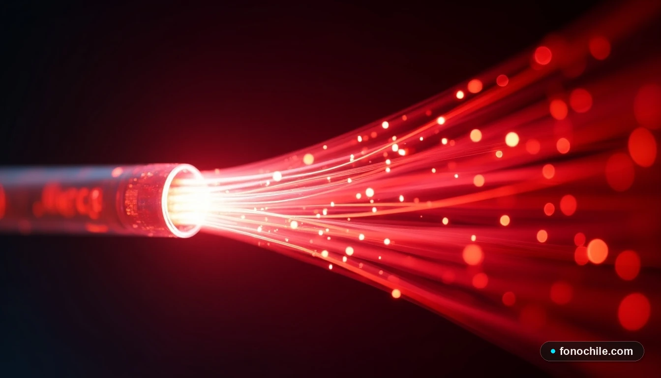 Primer plano extremo de filamentos de fibra óptica brillando con luz roja y blanca sobre fondo negro.