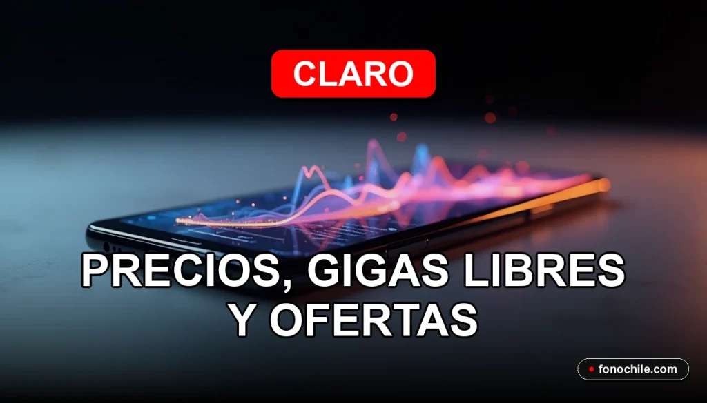 Modern smartphone with abstract data graphs on screen, resting on a clean table, representing Claro Móvil 2026 plans.