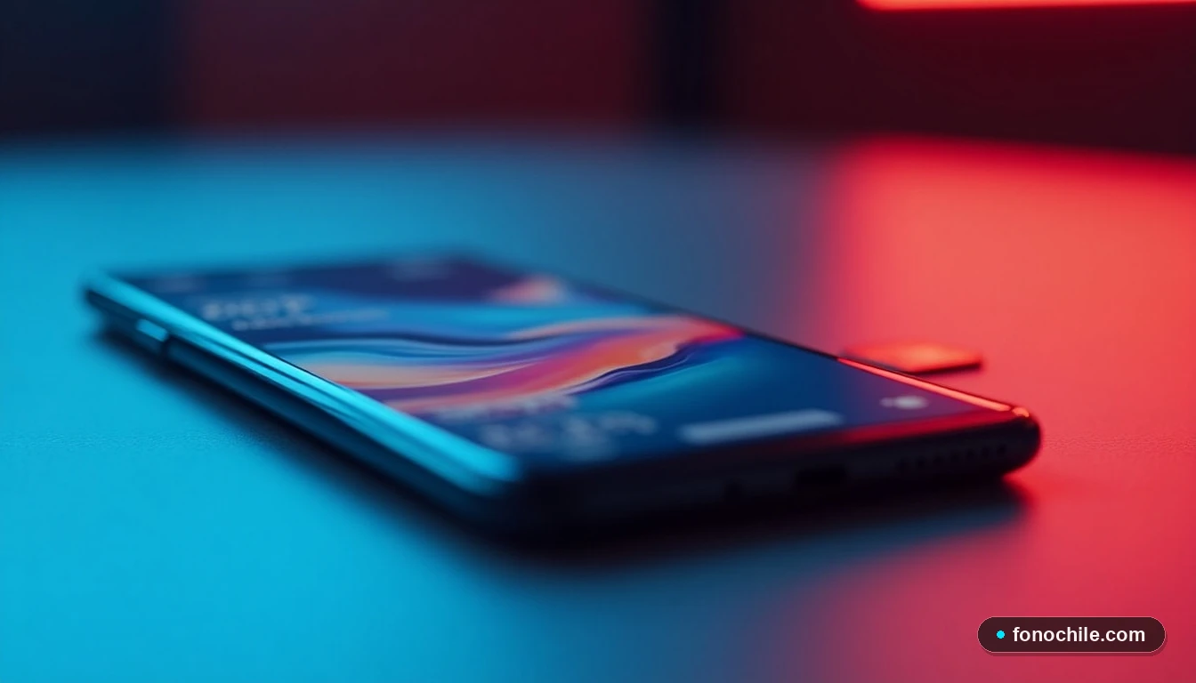 Ángulo bajo de un smartphone Claro mostrando una interfaz genérica, con una tarjeta SIM en el fondo desenfocado, sobre una mesa blanca.