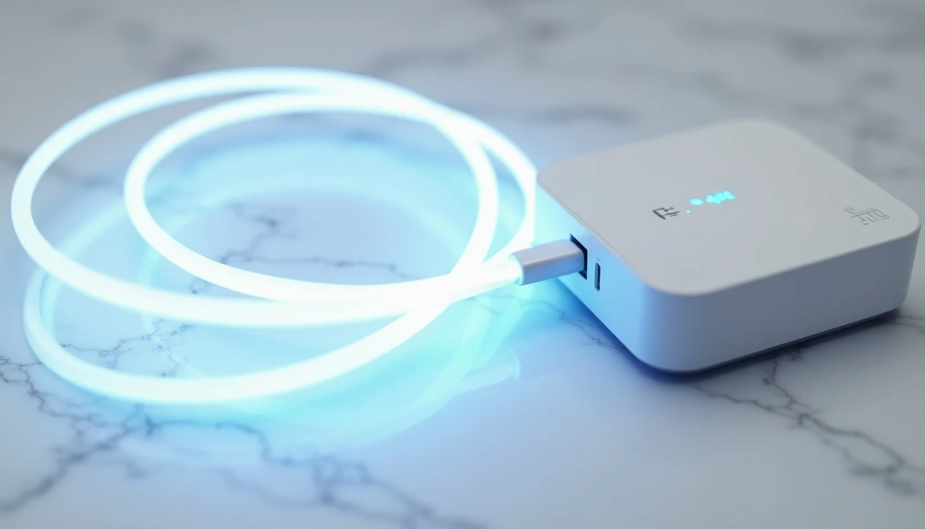 Cable de fibra óptica y router moderno representando la conexión de alta velocidad de Mundo Pacífico.