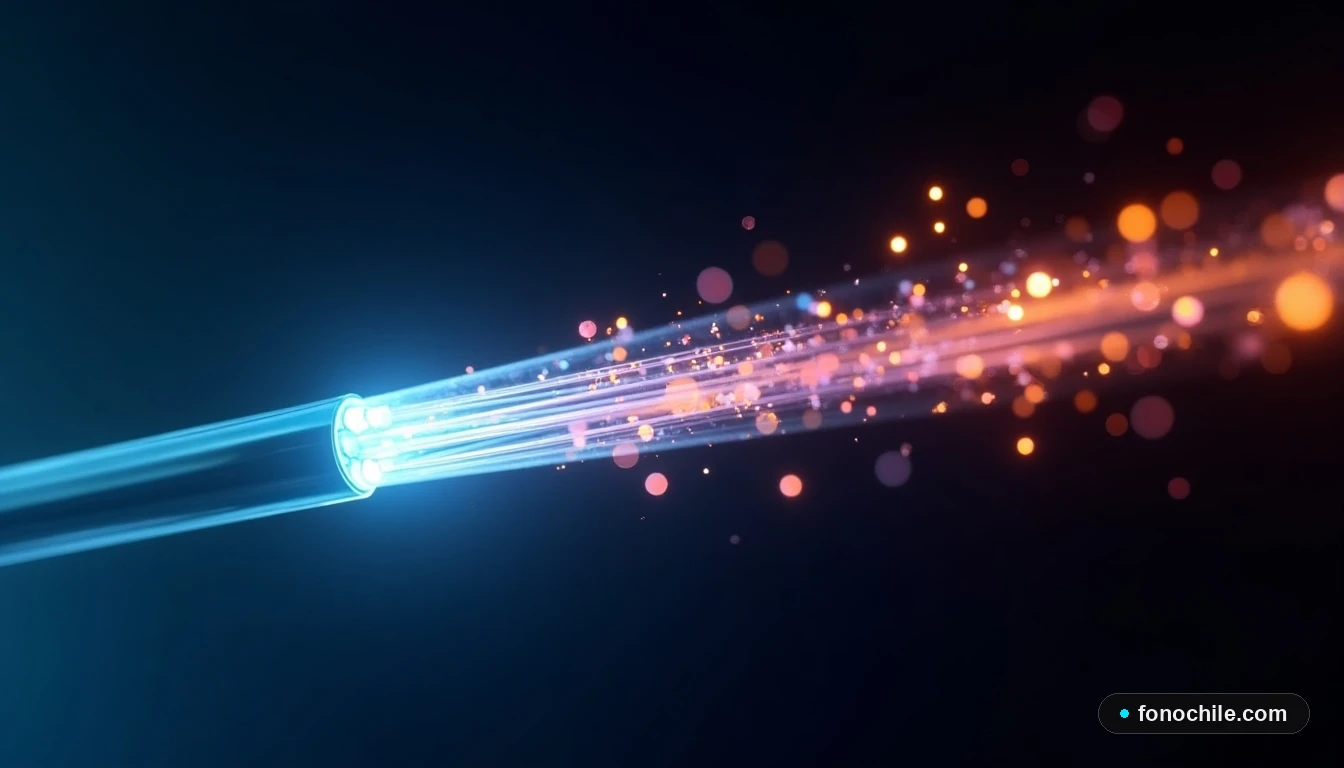 Primer plano técnico del núcleo de un cable de fibra óptica transmitiendo datos como luz.