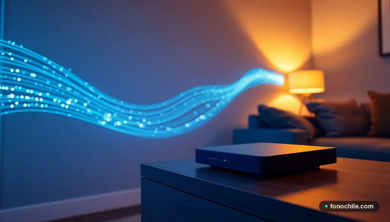Conexión de fibra óptica en un hogar moderno, representada por un flujo de partículas de luz azul que emana de un router hacia la pared.