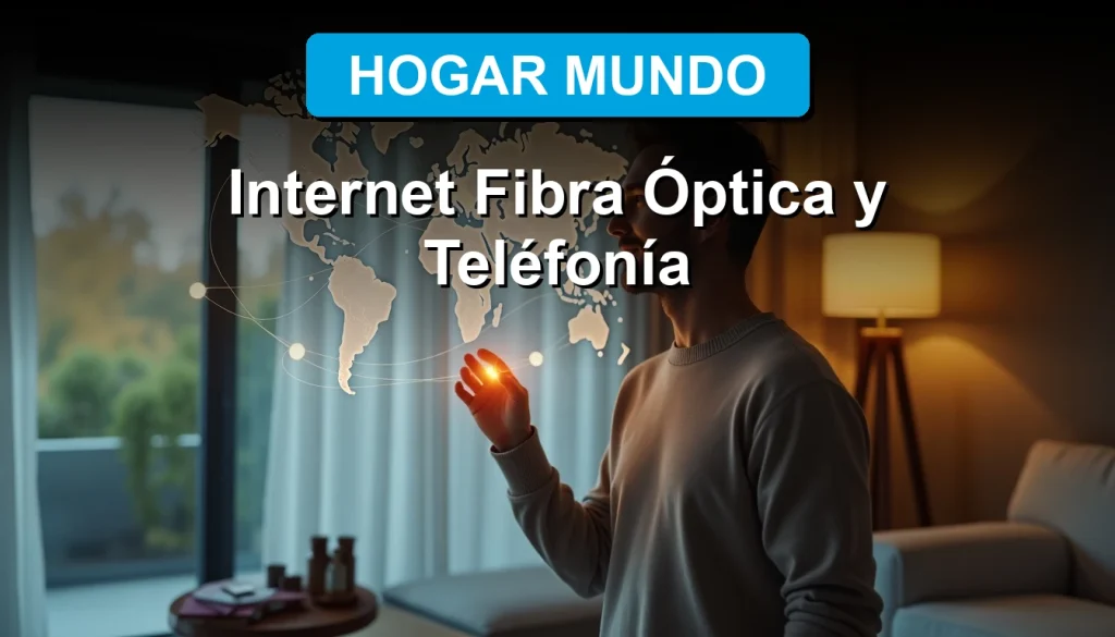 Un hombre sonriente observa una proyección holográfica de un mapa de cobertura de fibra óptica Hogar Mundo en su sala de estar moderna.